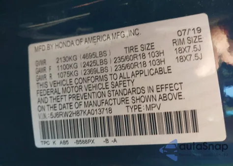 2019 Honda Cr-V Ex-L from USA, damaged, VIN 5J6RW2H87KA013718